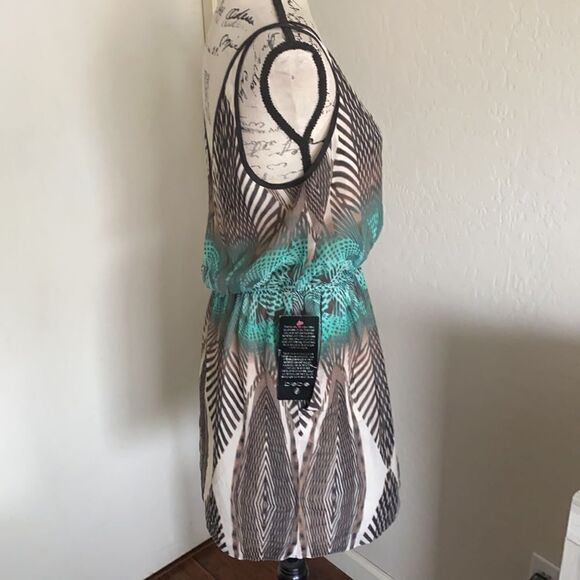 Bebe V-Neck Color Blocked Printed Dress Resort Cruise Boho Vacation Event - Picture 2 of 12